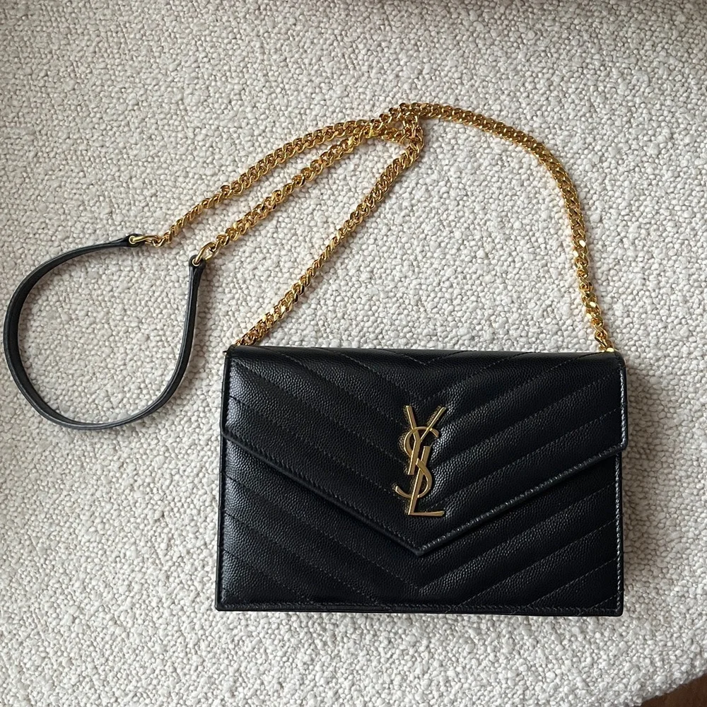 Yves Saint Laurent Black Quilted Leather Crossbody Bag with Gold Chain